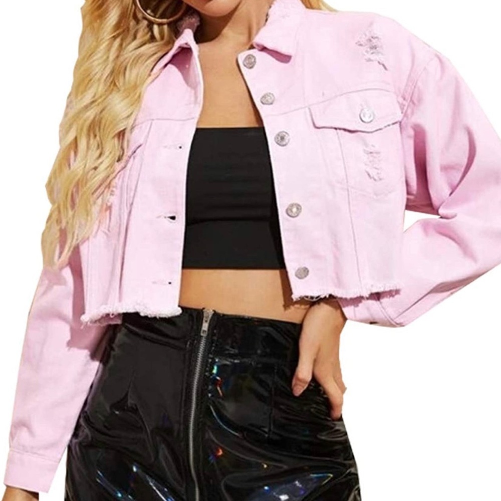Brand New Cropped Ripped Distressed Denim Jean Jacket with Frayed Hem